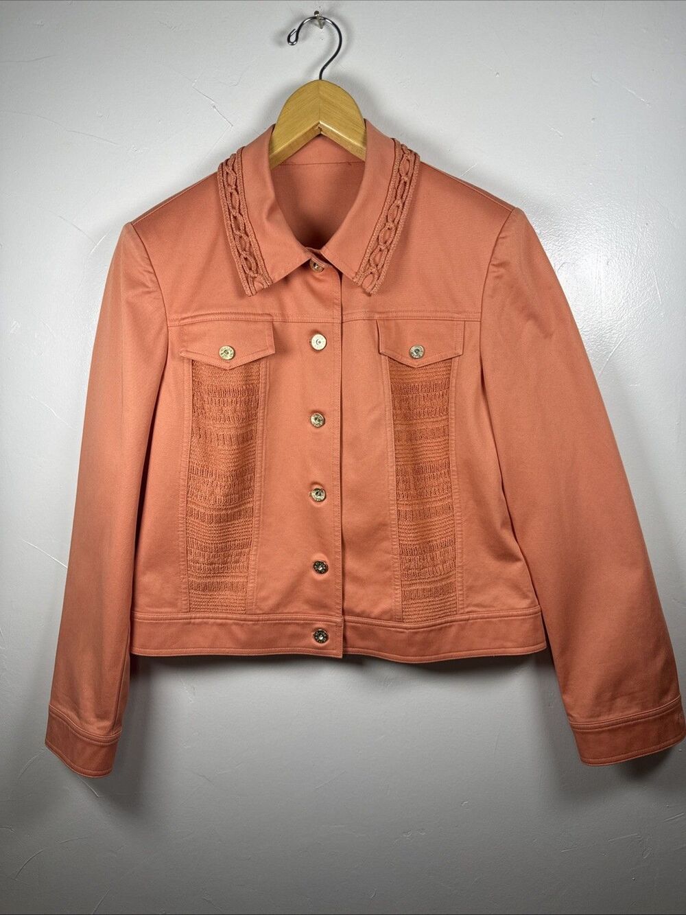 St. John Sport Women's Orange Cotton Blend Crochet Trim Jacket Sz Medium Large